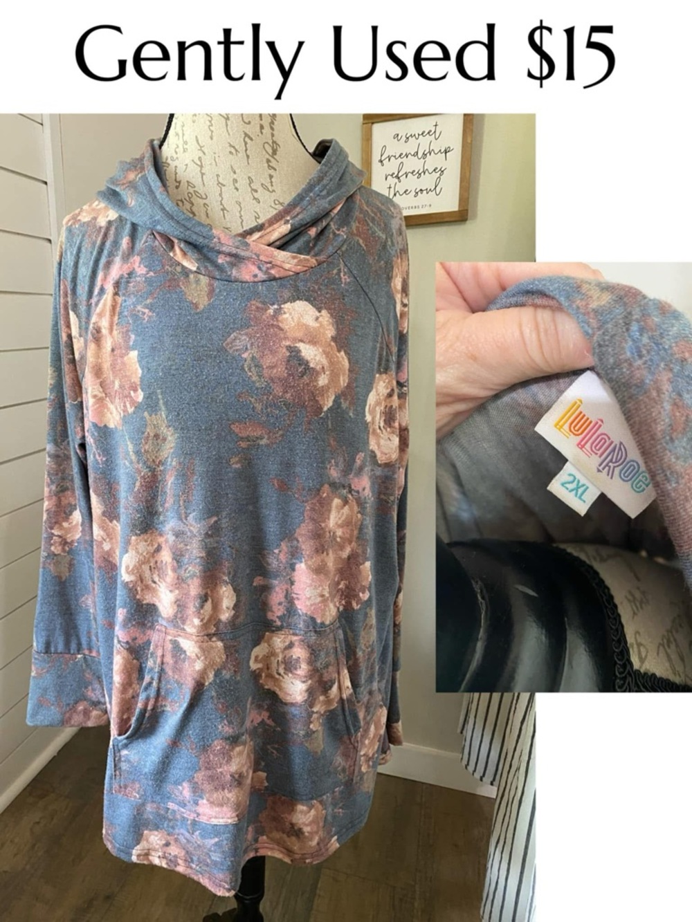 LuLaRoe Floral Amber Hoodie in Grey and Pink Rose
